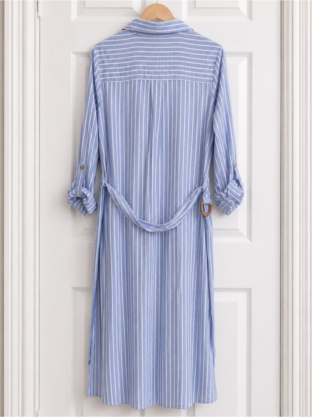 Zara Blue White Striped Linen Blend Shirt Dress Size S Belted Midi - Picture 4 of 12